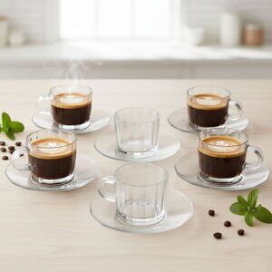 Bormioli Italy Rocco Clear Panel Glass Espresso/Coffee Cup & Saucer Set of 6